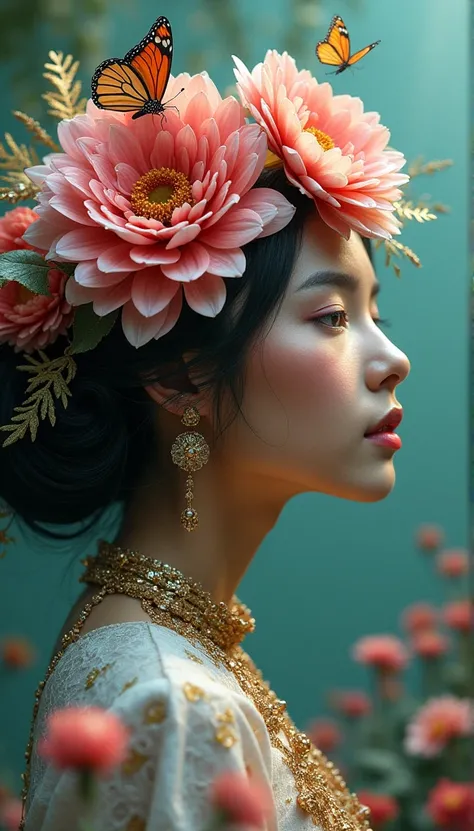 Arafed woman with flowers in her hair and a wreath of flowers. The background is greenblue,All expressed with jewels, the arrival of spring, various beautiful chrysanthemum flowers , beautiful batterflys,angles looking up from below, various jewels falling...