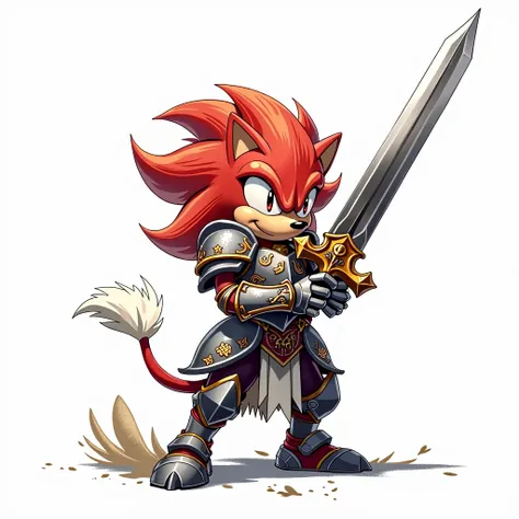 Hedgehog wearing armor　He has a very big sword　White background　Anime Style