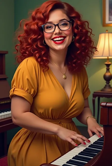 A light brown skinned Brazilian woman, age 28, slightly overweight, shoulder length curly red hair, wearing square glasses and black, Red lipstick plump lips, smiling, playing your brown cabinet model piano