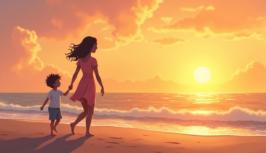A cartoon illustration of a mother and 1 boy
Sunset
Beach
Silhouette
Family bonding
Warm colors
Holding hands
Summer evening
Walking by the shore
Peaceful scenery