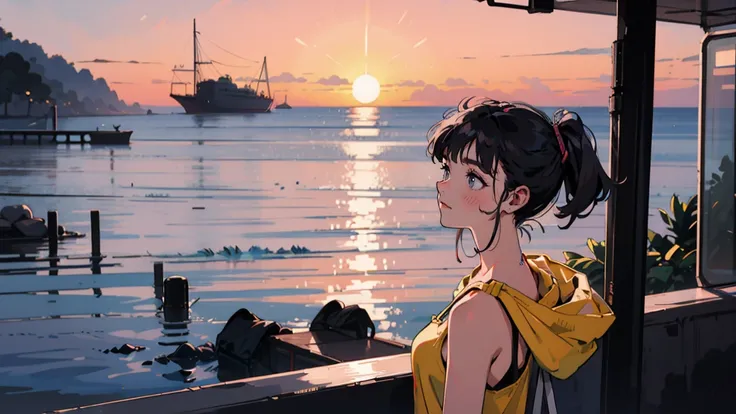 Retro-futuristic seaside evening with one woman。sunset。 Her hair is a bob with black hair、She is wearing a pastel colored hoodie over a tank top.。 She&#39;s standing on the bustling seafront, Headphones playing city pop. Her gaze is fixed on the camera, A ...