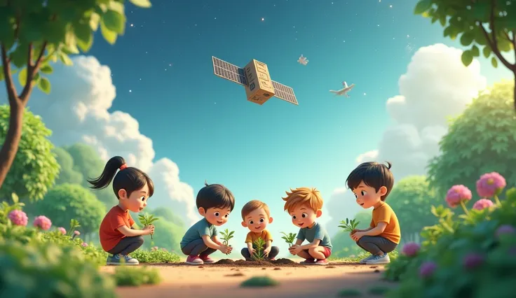 3D style several children squatting on the ground，Planting green plants，Surrounded by green plants and flowers，The ground does not bend，The sky contains starry cosmic elements，There is a satellite at the farthest and highest point，A horizontal poster with ...