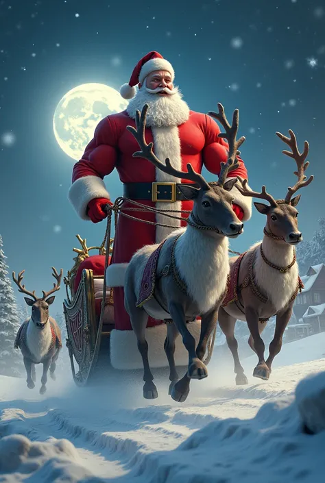 Muscular Santa Claus and reindeer