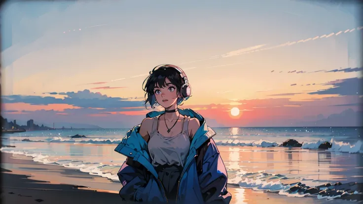 Retro-futuristic seaside evening with one woman。sunset。 Her hair is a bob with black hair、She is wearing a pastel colored hoodie over a tank top.。 She&#39;s standing on the bustling seafront, Headphones playing city pop. Her gaze is fixed on the camera, A ...