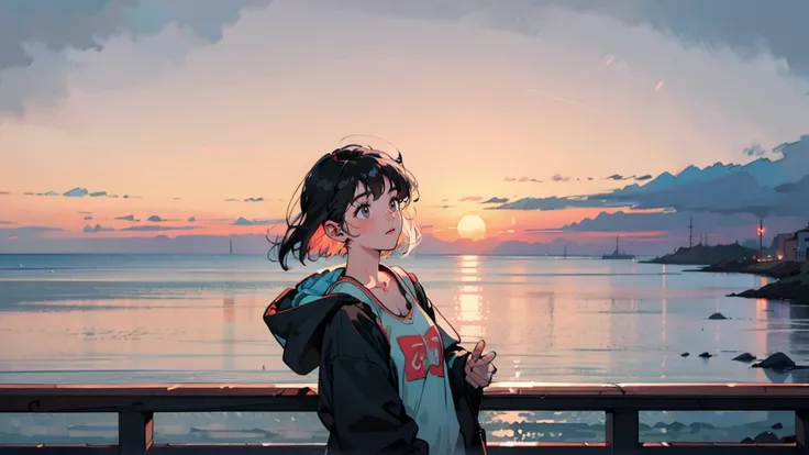 Retro-futuristic seaside evening with one woman。sunset。 Her hair is a bob with black hair、She is wearing a pastel colored hoodie over a tank top.。 She&#39;s standing on the bustling seafront, Headphones playing city pop. Her gaze is fixed on the camera, A ...