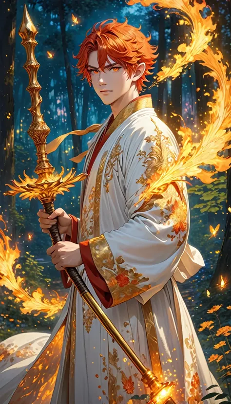 est quality, masterpiece, extremely detailed, dnd character, (young adult male fairy with fiery eyes), elegant robe, regally embroidered white robes with gold encrusting, holds a mace, (perfect fingers), fiery hair, pointy ears, glowing fiery fairy wings, ...