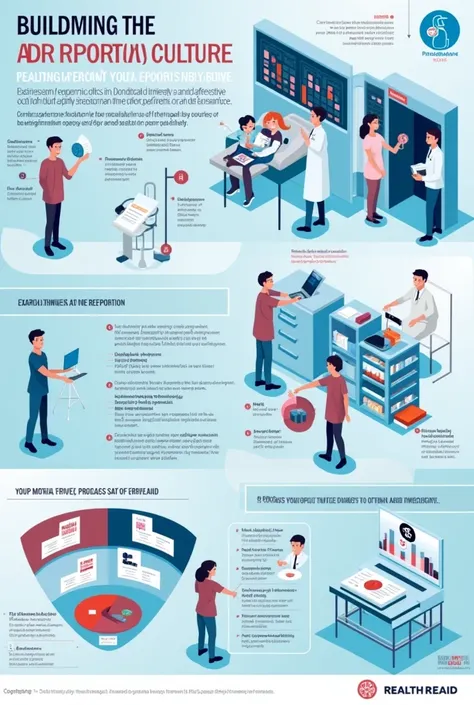 create a banner having the topic "BUILDING ADR REPORTING CULTURE FOR PATIENT SAFETY"
Add some pictures of doctors patients medicines in it.
Give the heading and some graphs and pie charts
Dont use other languages than English 