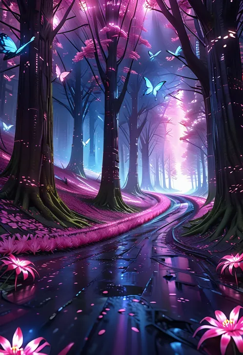 autumn landscape, night scene, trees lit from below, pink spider lilies blooming at the base of trees, a flock of colorful butterflies projected onto the illuminated trees, a white rabbit running in front of the viewer, hyperrealistic, super photorealistic...