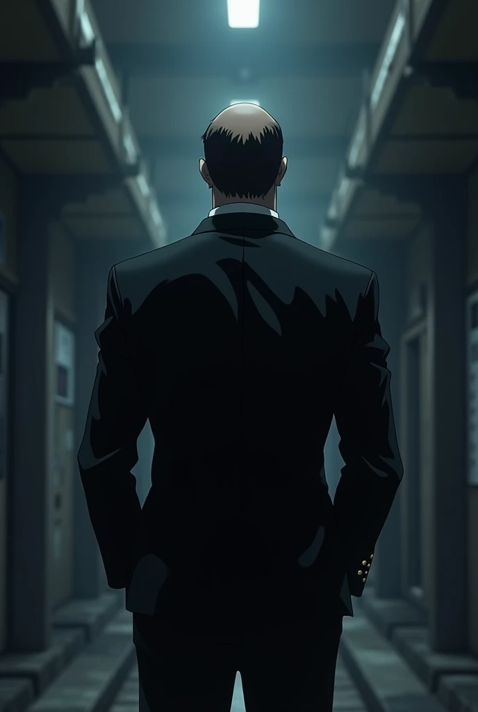 Anime mafia boss wearing a dark suit behind shot view