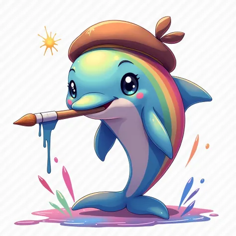 アニメ, 2000s, Mascot character. Rainbow-colored dolphin. Dolphin with paint brush in its mouth, wearing a brown beret. Cyber World. Transparent Background.