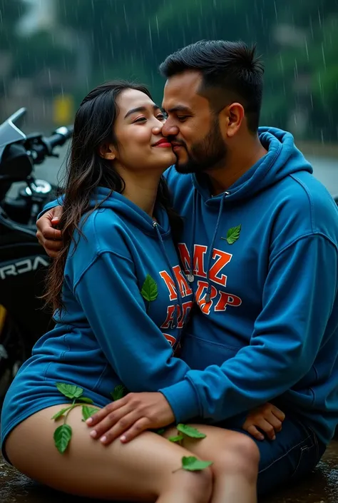 Realistic Picture of Indonesian Couple, wearing a blue hoodie with writing "MZ RIP" colorful on top, Beautiful woman, overweight, fair skin, big breasts, strong body, Wet hair fell around her face., giving the impression that he had just been caught in the...