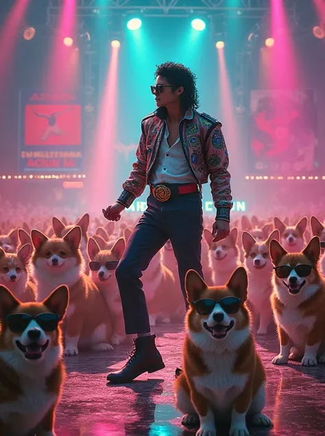 Michael Jackson and the cute corgi dog group wearing sunglasses collaborate for a music festival masterpiece, collage, fluorescence, Chiaroscuro, Anime Style, american style propaganda poster, cyberpunk RainbowFlashbeam  moonwalk