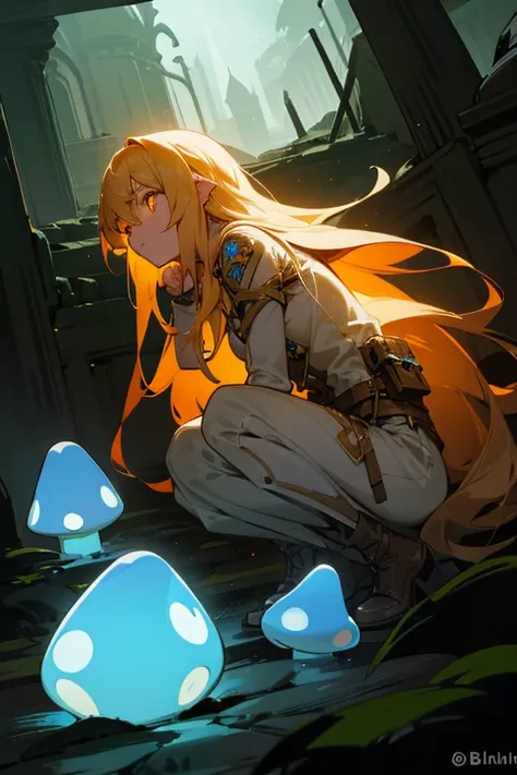 Female adventurer (human), long blonde hair, scratched, glowing orange eyes, dark ruins, bioluminescent blue mushrooms, worried