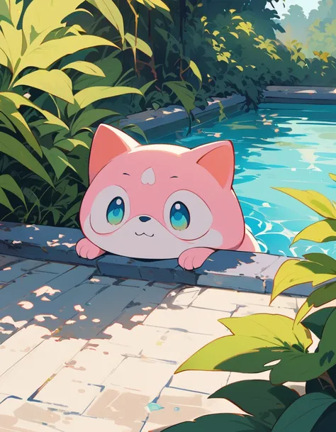 A cat wearing goggles lies on the edge of an outdoor swimming pool, Front paws hanging down and grasping the sides. The background is lush vegetation and blue water, Create a bright atmosphere. It has a close-up, Flat illustration, And a simple color schem...