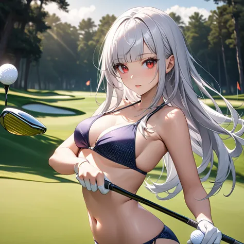 Ultra high resolution, rich colors, perfect image, best quality, detailed image, beautiful woman, glowing skin, skin and clothing texture, delicate eyes, golf course, bikini, holding golf club, silver hair blunt bangs long hair, red eyes