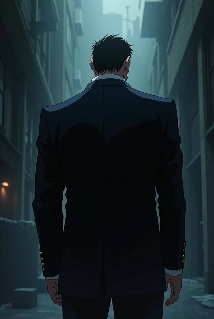 Anime mafia boss wearing a dark suit behind shot view