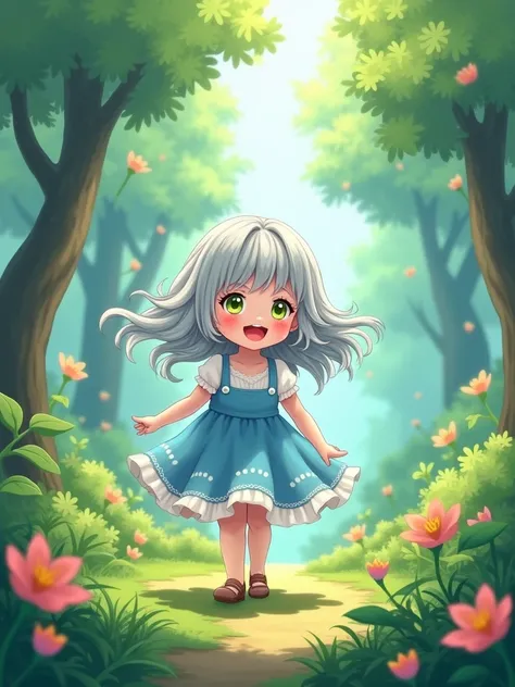 design in the form of rossdraws, cute girl in forest playing, lush blue and white dress, fluffy, silver hair, wide curls, anime design, best quality render, ray tracing, playful and cottage core