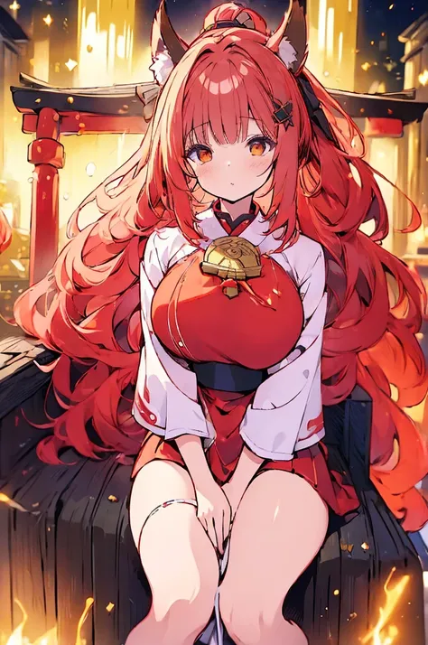 ((((masterpiece)))), ((((Highest quality)))), High resolution,shrine,whole body,detailed,expensive,woman,Curvy,Fox Ears,Shrine maiden costume,Miko costume ,High resolution, Golden Eyes, Huge breasts