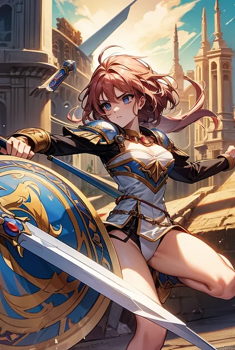 
Masterpiece, Best Quality, Detail, a beautiful gladiator small breasts long hair she fights with sword and shield in a Colosseum Frightened, pain, 