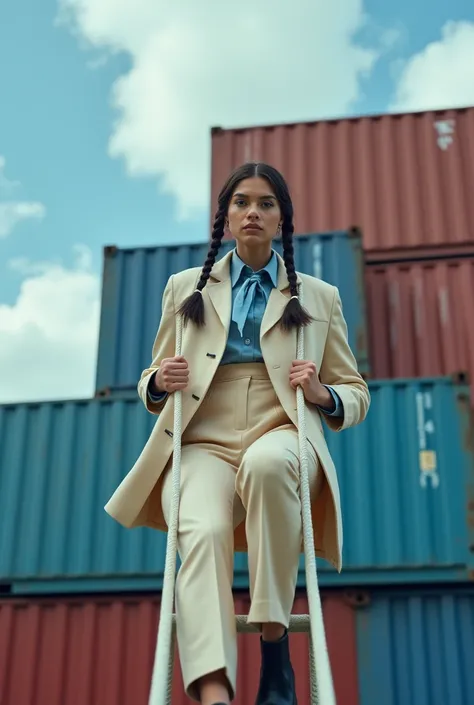 Fashion editorial image featuring a young woman with fair skin and long, dark braided hair styled in two pigtails. She is wearing a light beige suit with a blue tie and black shoes. The subject is climbing a rope ladder against a backdrop of stacked shippi...