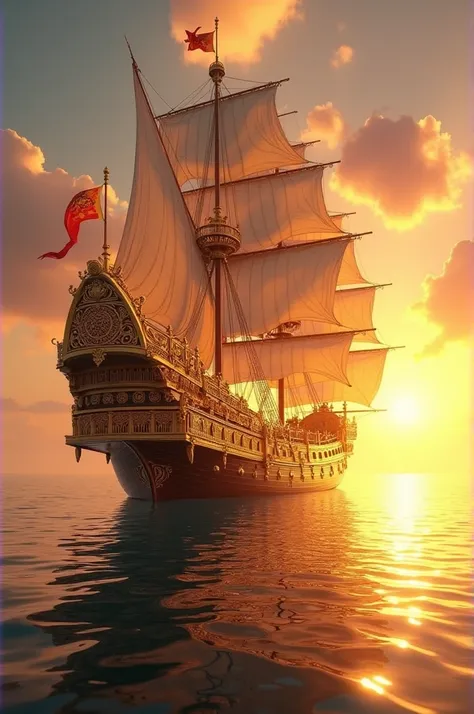 The golden junk ship, carrying money and wealth, is in the ocean at sunrise.