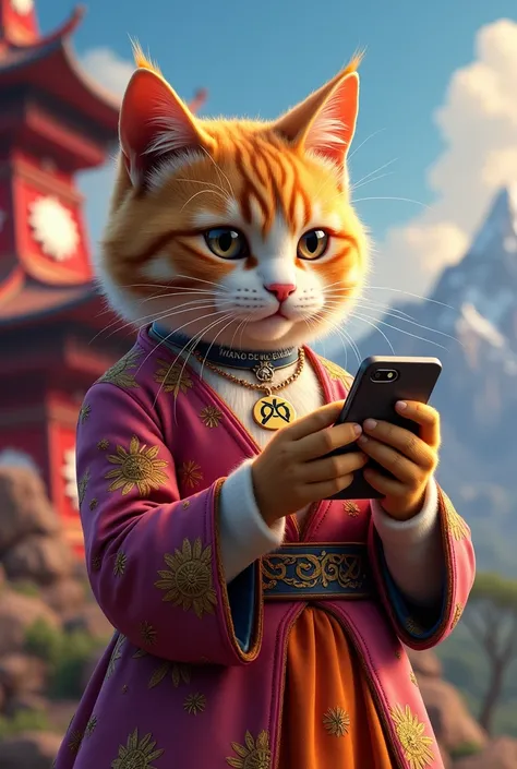 Cat wearing freefire dress and background nepal flag and playing mobile And Wear Necklace of manoj love meow named