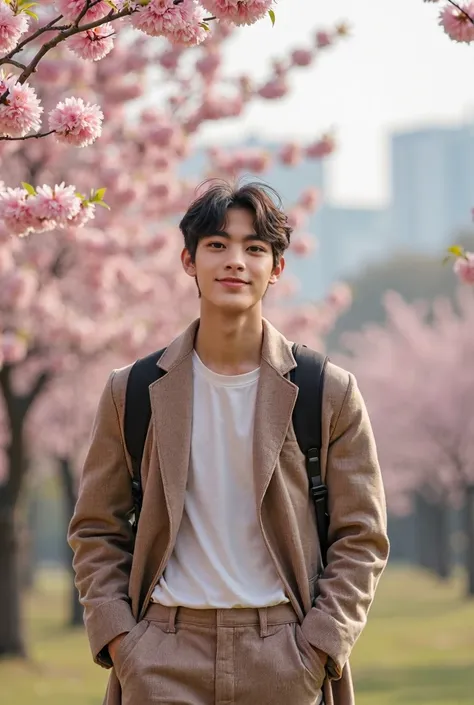 a handsome young man with face very detialed, slim
tall, good looking body, white and set, skin shining as a korean boy, dress in plaid Burberry  summer costume  plaid soft brown color , walking with a bit smile in the cherry blossom  field , background ar...