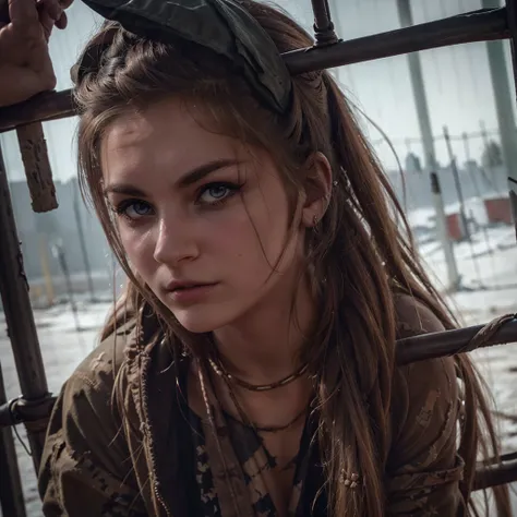 girl chained in prison, chained neck, beautiful detailed eyes, beautiful detailed lips, extremely detailed face, longeyelashes, tattered clothes, distressed expression, cold dark prison cell, iron bars, moody dramatic lighting, muted color palette, cinemat...