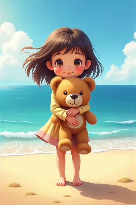 A girl stands on the beach with a teddy bear,cartoon picture, realistic, high quality 