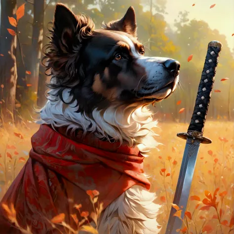 Muscular dog with a sword