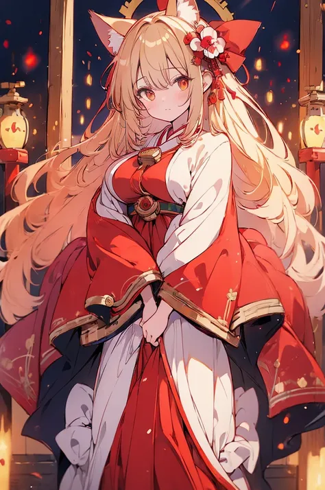 ((((masterpiece)))), ((((Highest quality)))), High resolution,shrine,whole body,Detailed eyes,Detailed face,woman,Curvy,Fox Ears,Shrine maiden costume,Miko costume ,High resolution, Golden Eyes, Huge breasts