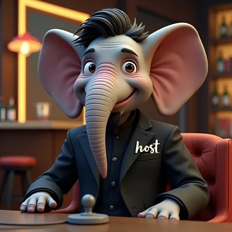 a cute elephant head male wearing black jacket, black hair, very little beard, text written “HOST” on jacket, brown leather shoes, sitting on a sofa, microphone in front of sofa, bar as background,  a 3D text written "JAS DTBY” as headline, 3d caricature, ...