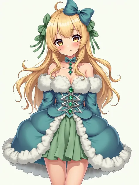 design in the form anime style, teenage girl, lush blue and white dress, fluffy, long wavy light blonde hair, fly aways, tall slender, eyes glistening, tan skin, short green skirt, white socks, blue and green outfit with silver buckles and green gems spark...