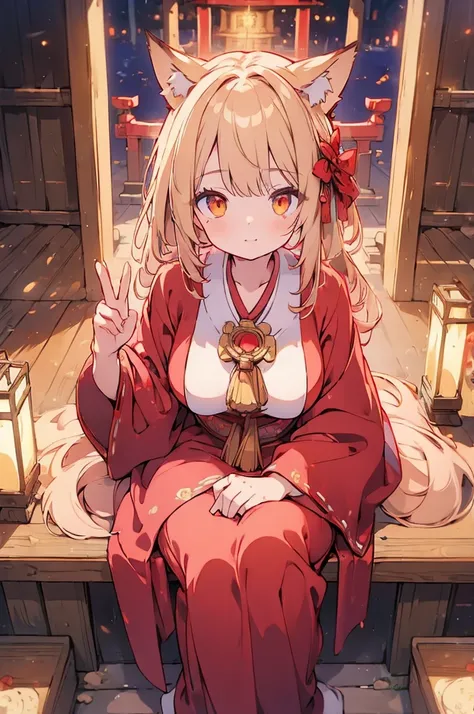 ((((masterpiece)))), ((((Highest quality)))), High resolution,4K,8k,shrine,whole body,Detailed eyes,Detailed face,woman,Curvy,Fox Ears,Shrine maiden costume,Miko costume ,High resolution, Golden Eyes, Huge breasts