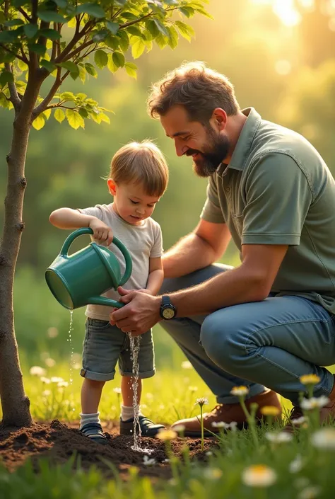 Photo of father and son watering a tree