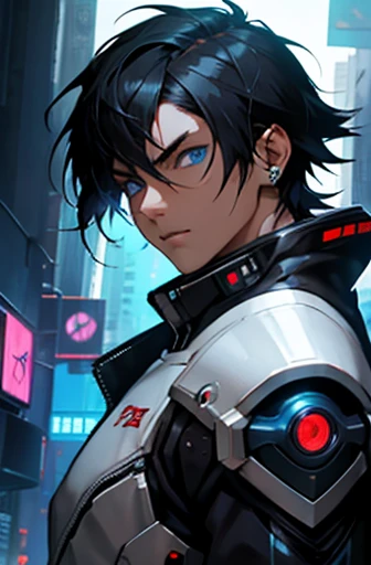 whole body,  Futuristic、Blue eyes and black hair, Cyberpunk Anime Boy, Mecha Cyber Armor Boy.