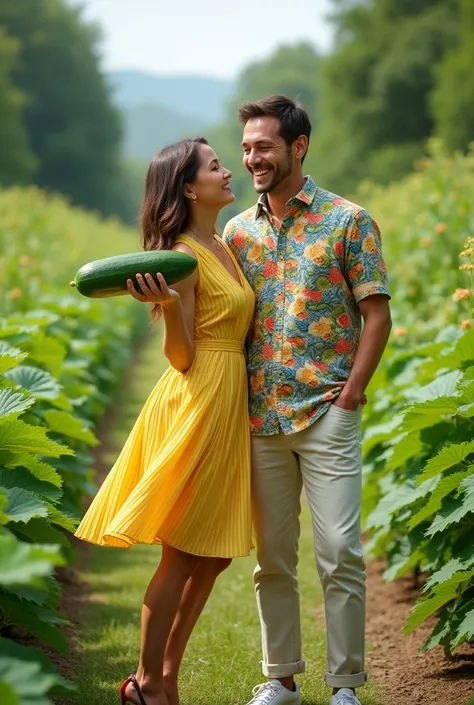 A cheerful couple poses in a lush green field, the woman wearing a yellow striped dress and matching heels, while the man is in a colorful patterned shirt and light pants. They both have wide smiles, with the woman playfully holding a large cucumber. The s...