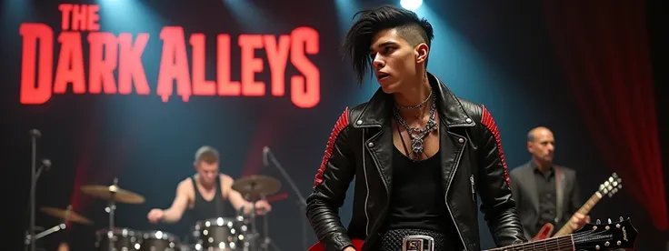 the realistic photo shows a 1 thin male, white teen boy rockstar singer 20 years old rockstar with medium length black hair, shaved, with a black leather jacket with red sleeves and rivets, black tank top and black leather pants, sings on stage with exposu...