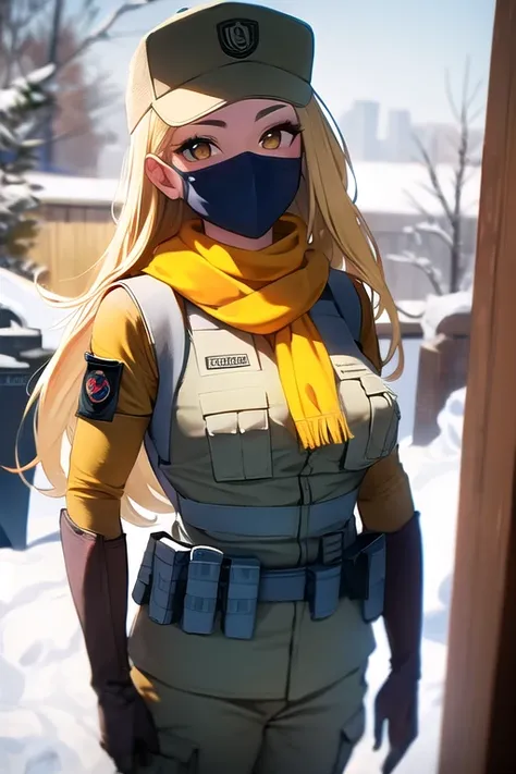 (masterpiece), (best quality), (upper body), 1girl, twinklenora, (very long hair), blonde hair, parted hair, brown eyes, big breasts, muscular body, (gray clothes), uniform, bulletproof vest, long-sleeves, gloves, belt, holster, pouch, (cargo pants), (peak...