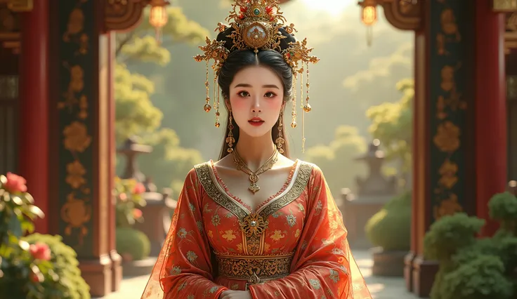 a beautiful detailed empress in an ancient chinese palace, elegant and regal, wearing a luxurious brocade dress, elaborate headdress, surrounded by lush foliage, ornate architecture, warm lighting, cinematic composition, highly detailed, photorealistic, 8k...