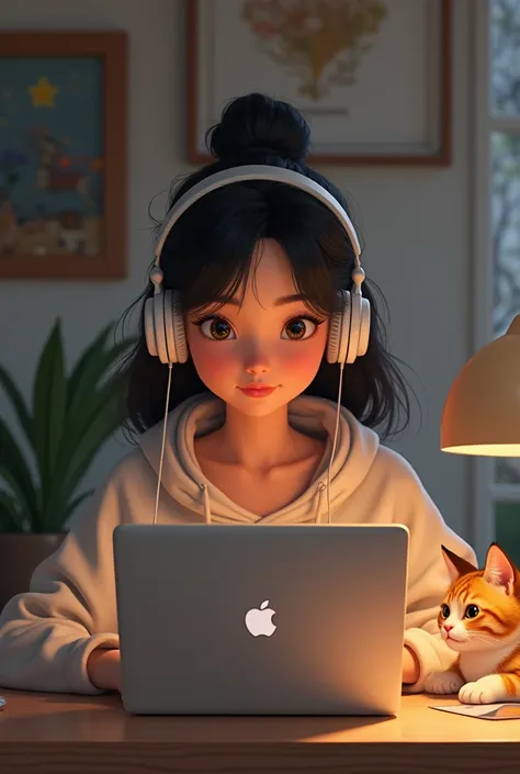 A girl wearing headphones is working on a laptop、A picture with a cat nearby