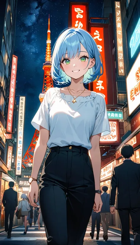 Highest quality、Light blue hair、Short Bob、Deep green eyes,20 years old,,small breast,White short sleeve blouse、Black trousers、Black pumps、watch、Gold Necklace、Japanese Skyscrapers、starry skies,at night,walking among the street,stars,close up,neon sign,smile...