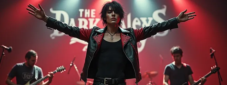 the realistic photo shows a 1 thin male, white teen boy rockstar singer 20 years old rockstar with medium length black hair, shaved, with a black leather jacket with red sleeves and rivets, black tank top and black leather pants, sings on stage with exposu...