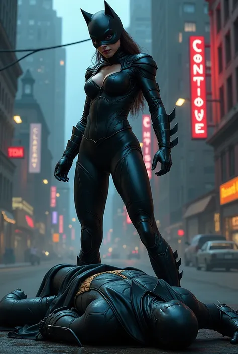 Catwoman proudly sits on top of a defeated Batman 