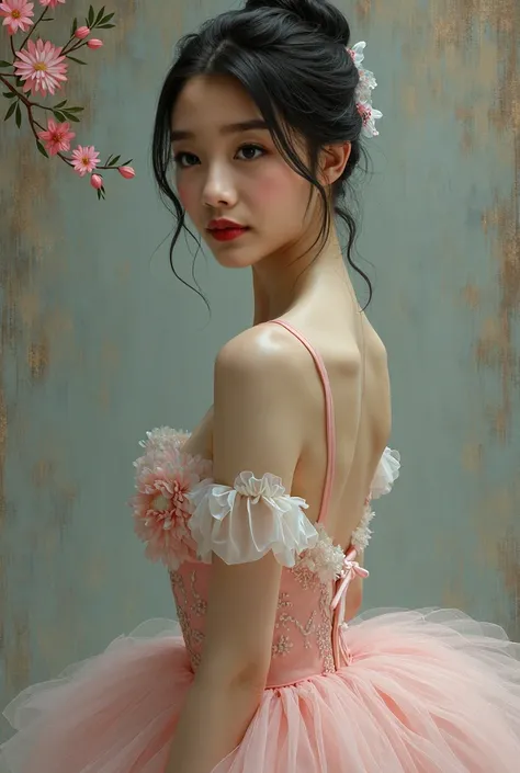 (High resolution,masterpiece:1.2),(actual:1.37)"(best quality, High resolution, Super detailed, actual),Beautiful 19th century French ballet dancer portrait, (She is half French and half Japanese, Has dark blue eyes and a tall nose，She is a stunning beauty...