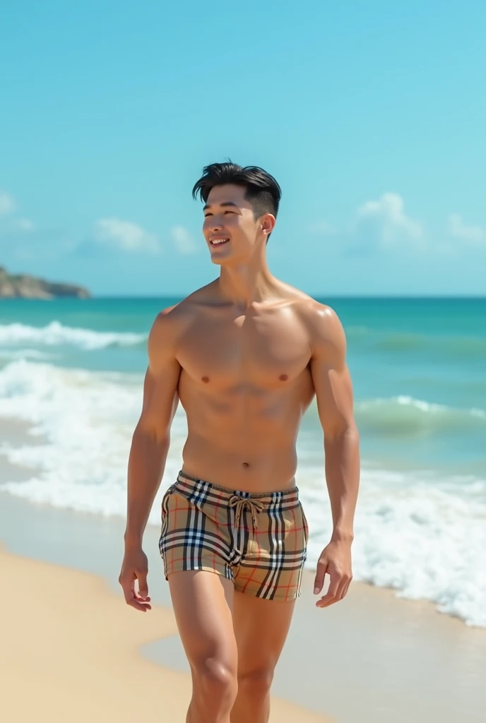 a handsome young man with face very detialed, slim
tall, good looking body, muscle body, white and set, skin shining as a korean boy, dress in plaid Burberry  swimwear  plaid soft brown color , walking with a bit smile on the beach  , background are the be...