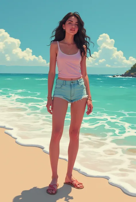 a woman in a tank top and shorts standing on the beach, 9 0 s aesthetic, girl aesthetic, 8 0 s vibe, girl vibes, lofi girl, beach aesthetic, girl aesthetic, ilya kuvshinov landscape, in the art style of 8 0 s aesthetic, perfect blue, 8 0 s fashion style, s...