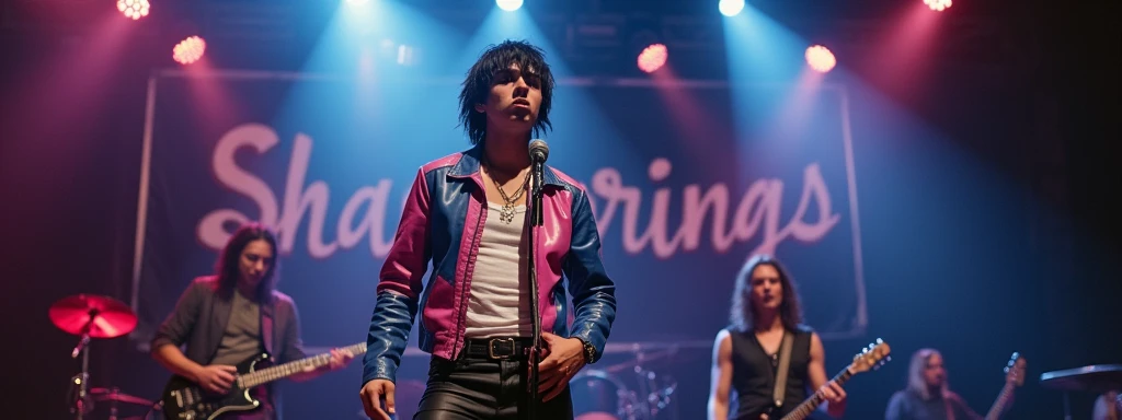 the realistic photo shows a 1 thin male, white teen boy rockstar singer 20 years old rockstar with medium length black hair, shaved, with a pink blue leather jacket, white tank top and black leather pants, sings with microphone on stage with lighting, band...