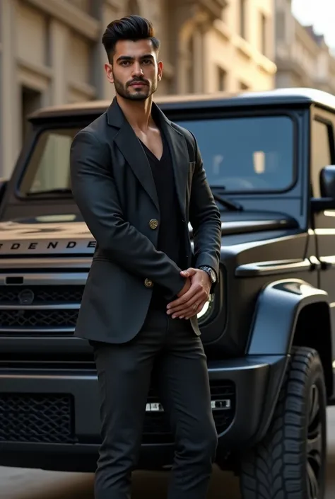 Generate a Aditya name handsome boy with defender car
