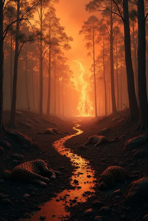 Make a picture of an empty path in the middle of the forest in the Amazon fires, put dead jaguars and dead macaws around you put a lot of destruction SET IT ON FIRE EVERYTHING ON FIRE